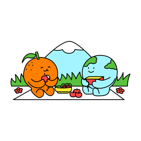 Earth and Orange Enjoying Picnic in Nature  Illustration