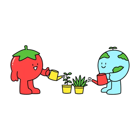 Earth and Tomato Watering Plants  Illustration