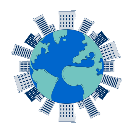 Earth globe with city buildings around  Illustration