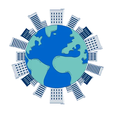 Earth globe with city buildings around  Illustration