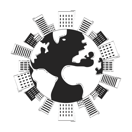 Earth globe with city buildings around  Illustration