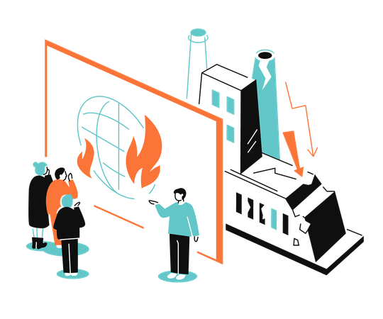 Earth in the fire and ruined manufacturing plant  Illustration