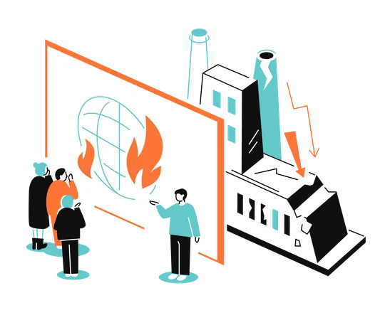 Earth in the fire and ruined manufacturing plant  Illustration