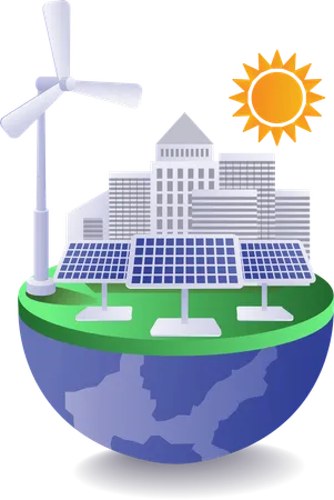 Earth planet uses solar energy and wind energy  Illustration