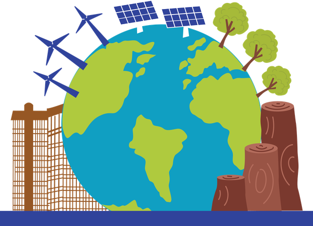 Earth with deforestation balanced with usage of sustainable energy  Illustration