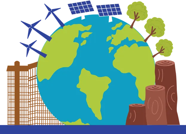 Earth with deforestation balanced with usage of sustainable energy  Illustration