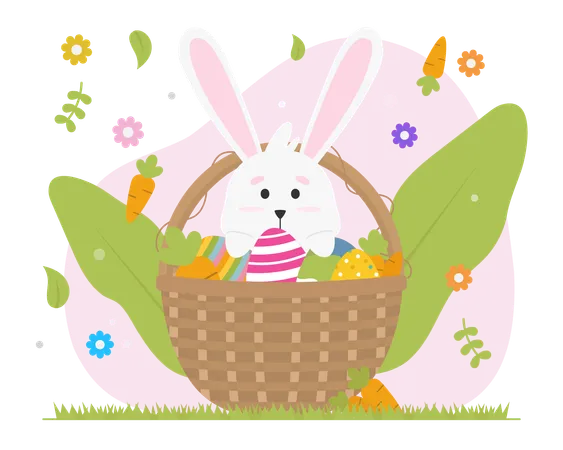 Rabbit Inside A Basket With Decorated Eggs And Carrots Illustration