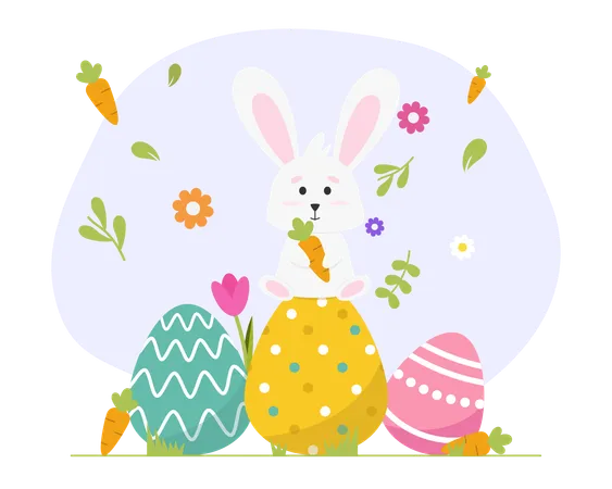 Rabbit Holding A Carrot Over Decorated Eggs Illustration