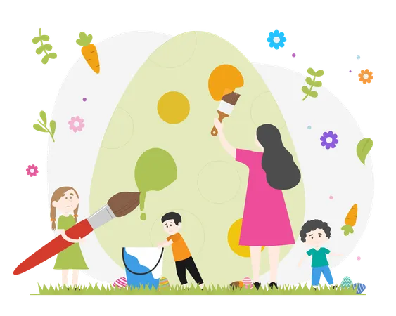 Woman And Children Decorating An Easter Egg Illustration