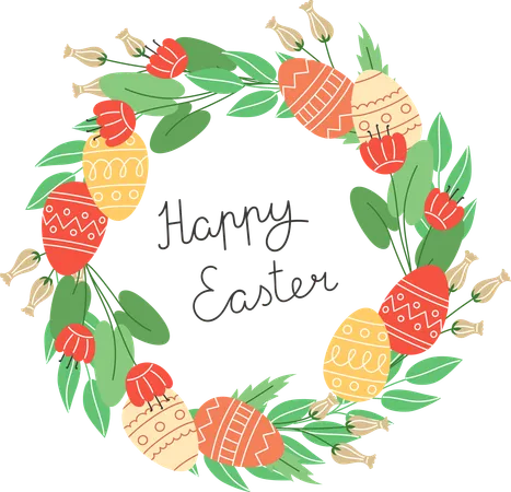 Spring Wreath Of Easter Eggs And Colorful Flowers Illustration
