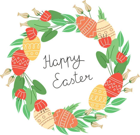 Easter Eggs And Colorful Flowers  Illustration