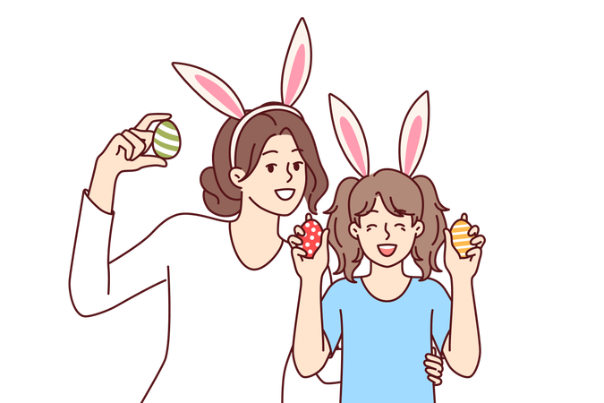 Easter eggs in hands of happy mother and daughter with bunny ears to celebrate Christian holiday  Illustration