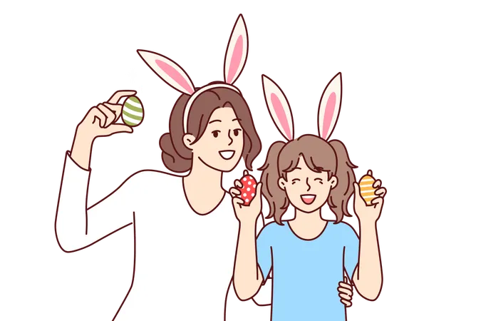 Easter Eggs In Hands Of Happy Mother And Daughter With Bunny Ears To Celebrate Traditional Christian Holiday Easter Portrait Of Little Girl With Nanny Or Older Sister Rejoicing In Coming Of Spring Illustration