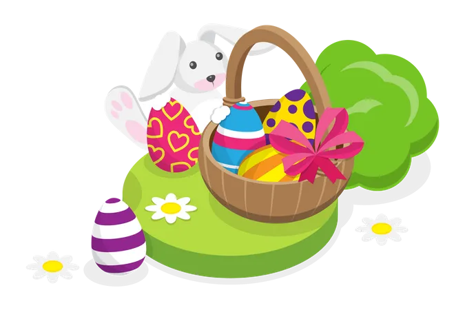 3 D Isometric Flat Vector Conceptual Illustration Of Easter Poster Holiay Eggs And Bunny Illustration