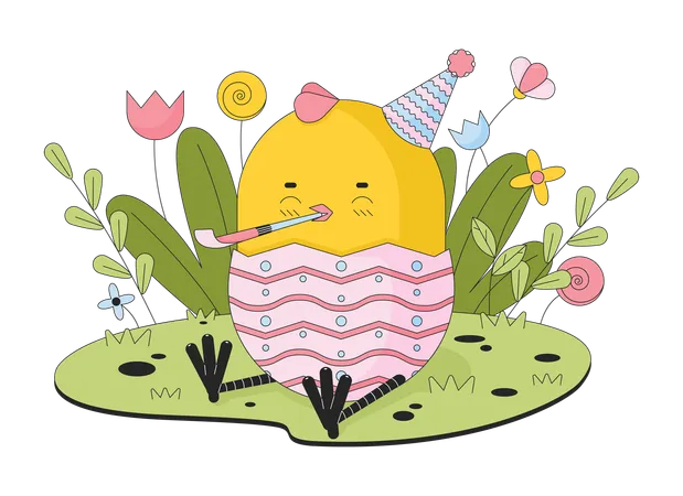 Easter Young Chicken Party Blower 2 D Linear Illustration Concept Celebrating Chick Birthday Cartoon Character Isolated On White Eastertide Bird In Grass Metaphor Abstract Flat Vector Outline Graphic Illustration