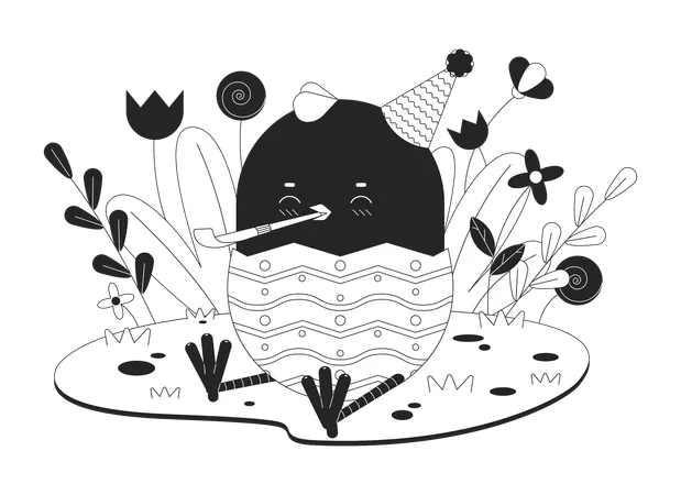 Easter Young Chicken Party Blower Black And White 2 D Illustration Concept Celebrating Chick Birthday Cartoon Outline Character Isolated On White Eastertide Bird Grass Metaphor Monochrome Vector Art Illustration