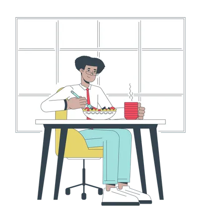 Eating Healthy Lunch At Work Line Cartoon Flat Illustration Latino Millennial Employee On Break 2 D Lineart Character Isolated On White Background Boost Job Productivity Scene Vector Color Image Illustration