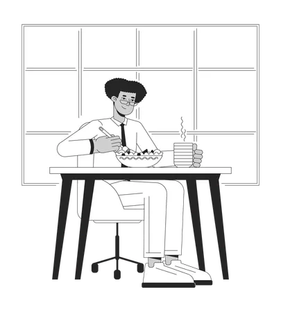 Eating Healthy Lunch At Work Black And White Cartoon Flat Illustration Latino Millennial Employee On Break 2 D Lineart Character Isolated Boost Job Productivity Monochrome Scene Vector Outline Image Illustration