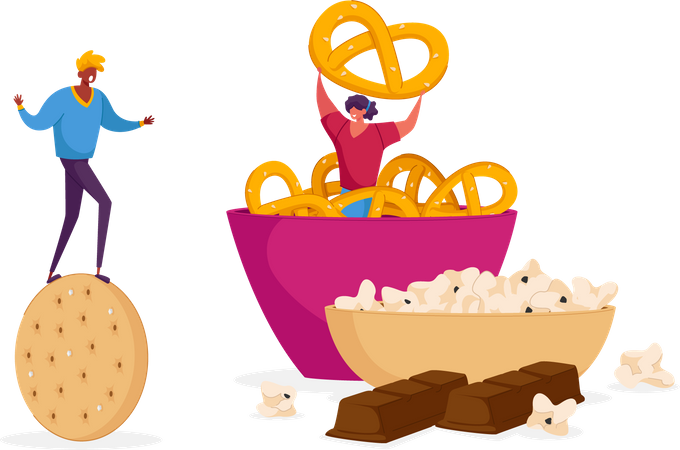 Eating snacks and fast-food Illustration
