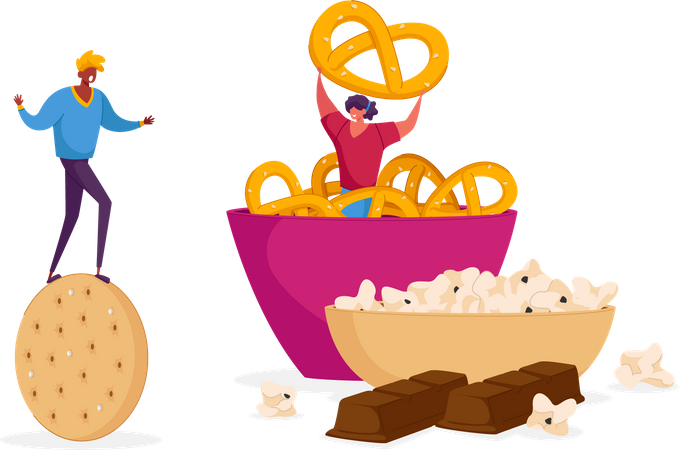Eating snacks and fast-food  Illustration
