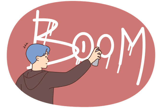 Eccentric young man with blue hair painting graffiti on wall  Illustration