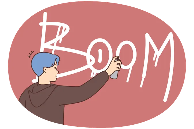 Eccentric young man with blue hair painting graffiti on wall  Illustration