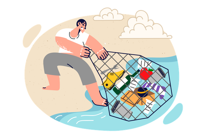 Eco activist saves ocean from pollution by pulling net of trash and plastic out of water  Illustration