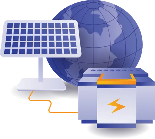 Rede de baterias ecológicas que armazena energia do painel solar  Ilustração