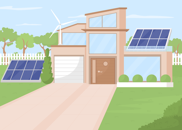 Casa ecológica con paneles solares y molinos de viento.  Ilustración