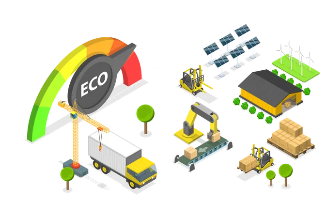 3 D Isometric Flat Vector Conceptual Illustration Of Factory Eco Efficiency Sustainability And Green Industries Business Illustration