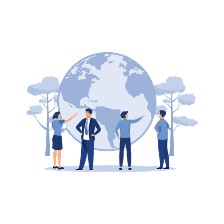 Eco-friendly company. planet earth as environment symbol. take care of ecology protection by business. business man looking at blue world facing global warming pollution problem flat vector  Illustration