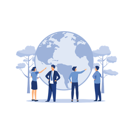 Eco-friendly company. planet earth as environment symbol. take care of ecology protection by business. business man looking at blue world facing global warming pollution problem flat vector  Illustration