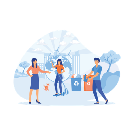 Eco friendly people with Earth globe saving planet protecting and caring about environment  Illustration
