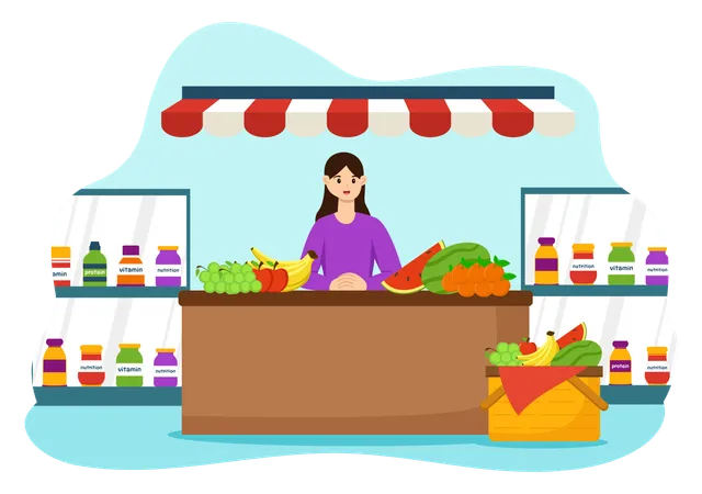 Nutrition Store Vector Illustration With Dietary Supplement Of Vitamins And Minerals Such As Fresh Fruit Or Vegetables In Flat Cartoon Background Illustration