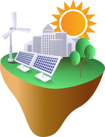 Eco green city buildings taking electrical energy from nature  Illustration