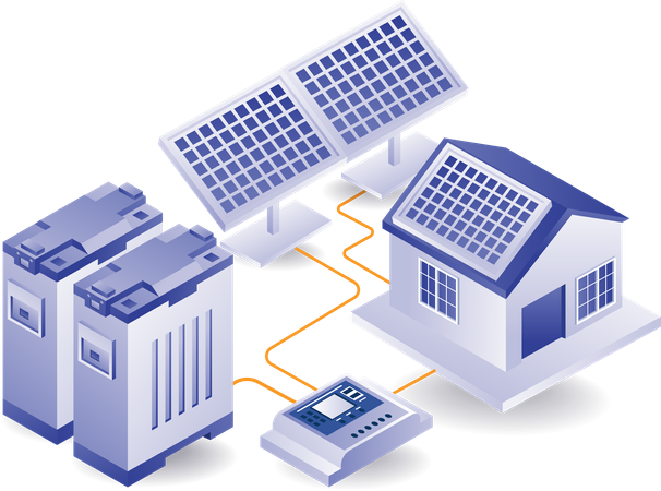 Eco green of large battery network for storing solar panel energy for home  Illustration