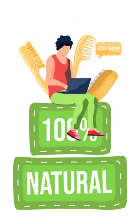 A Man With A Laptop Is Sitting On A Green Lettering Surrounded By Wooden Combs And Working Or Studying On His Computer Eco Shopping On The Internet Natural Products For Hair Care Wooden Combs Illustration