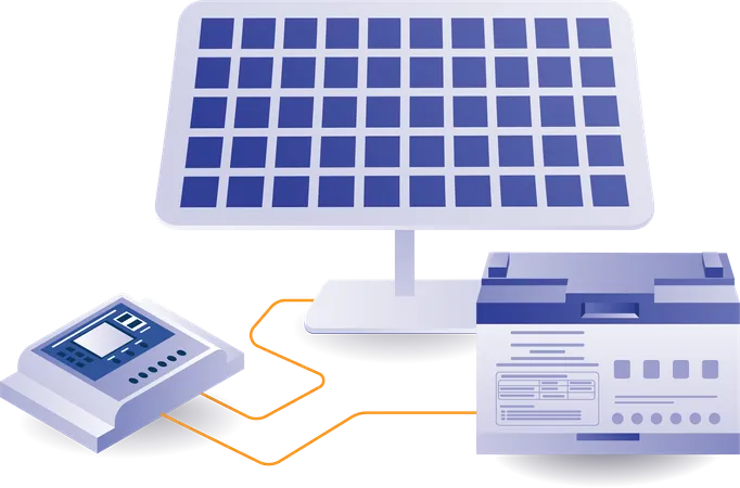 Eco verde de canales de paneles solares con batería de almacenamiento.  Ilustración