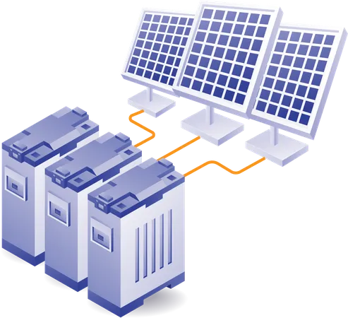 Eco verde de paneles solares y red de baterías.  Ilustración