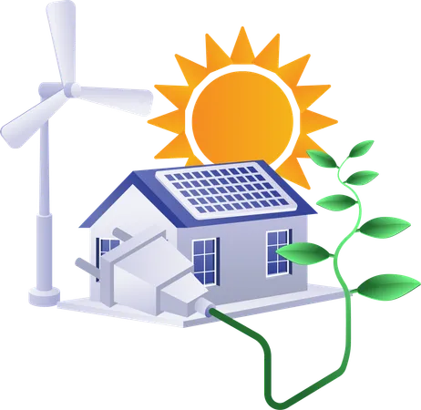 Eletricidade doméstica infográfica ecológica a partir de painéis solares e energia eólica  Ilustração