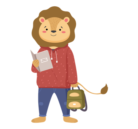 Écolier de lion intelligent tenant un livre et un sac d'école  Illustration