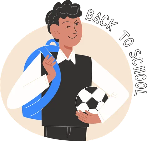 Écolier en uniforme scolaire avec ballon de football sac à dos  Illustration