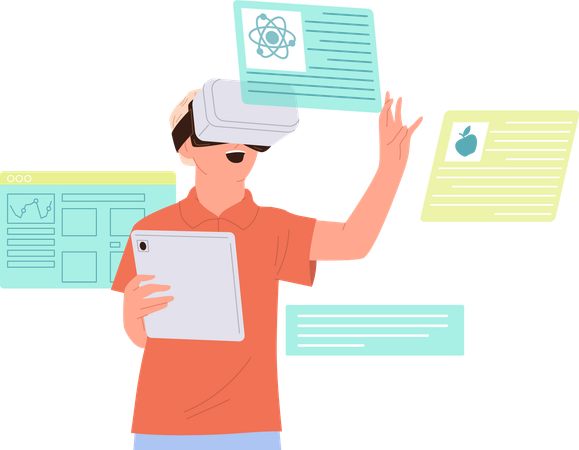 Un étudiant expérimenté portant des lunettes de réalité virtuelle apprécie l'apprentissage des sciences  Illustration