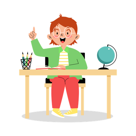 Un écolier joyeux étudie à son bureau  Illustration