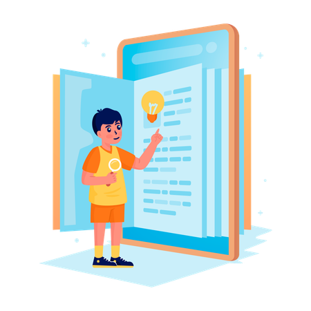 Un écolier lit un livre électronique  Illustration