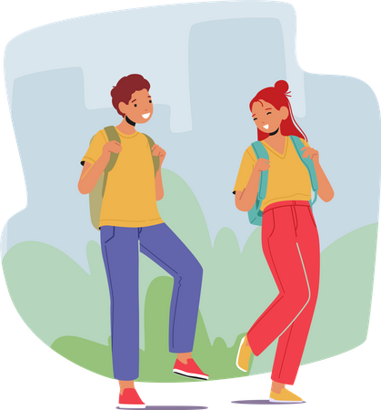 Un écolier marche avec un camarade de classe  Illustration