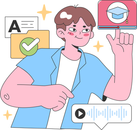 Un écolier regarde des vidéos de remise des diplômes en ligne  Illustration