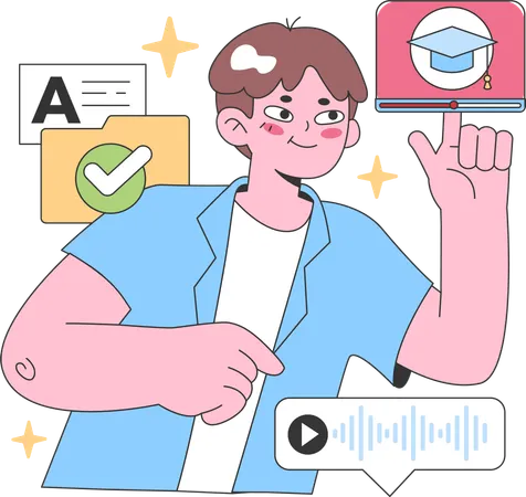 Un écolier regarde des vidéos de remise des diplômes en ligne  Illustration