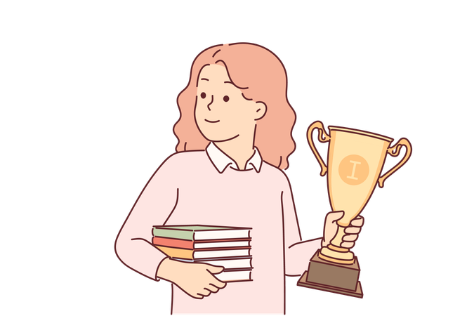 Écolière avec trophée coupe d'or et livres en mains  Illustration