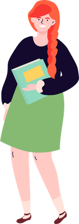 Écolière dans une jupe verte et un haut noir tenant son cahier  Illustration